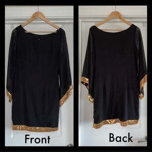 Elegant black cocktail dress w/Gold sequin trim.